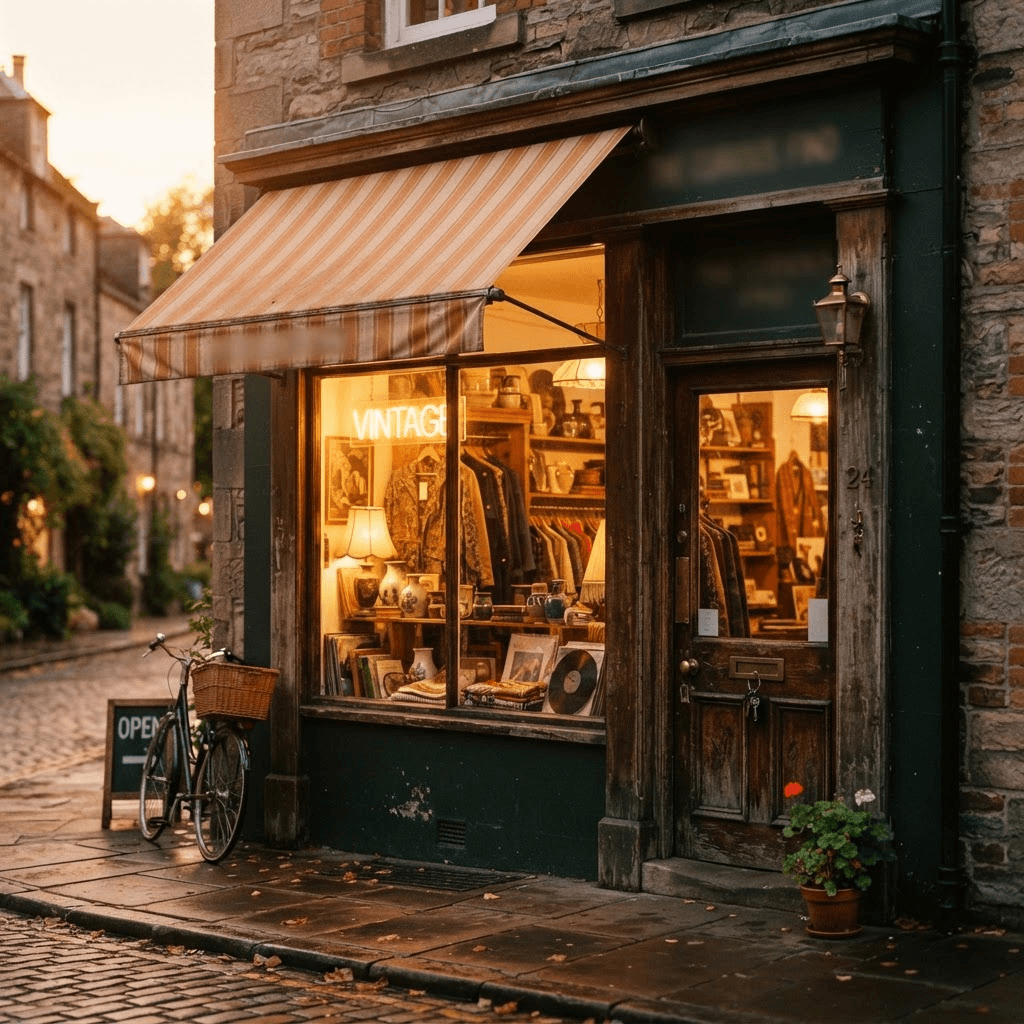 Lost Then Found storefront entrance with a warm awning and window display