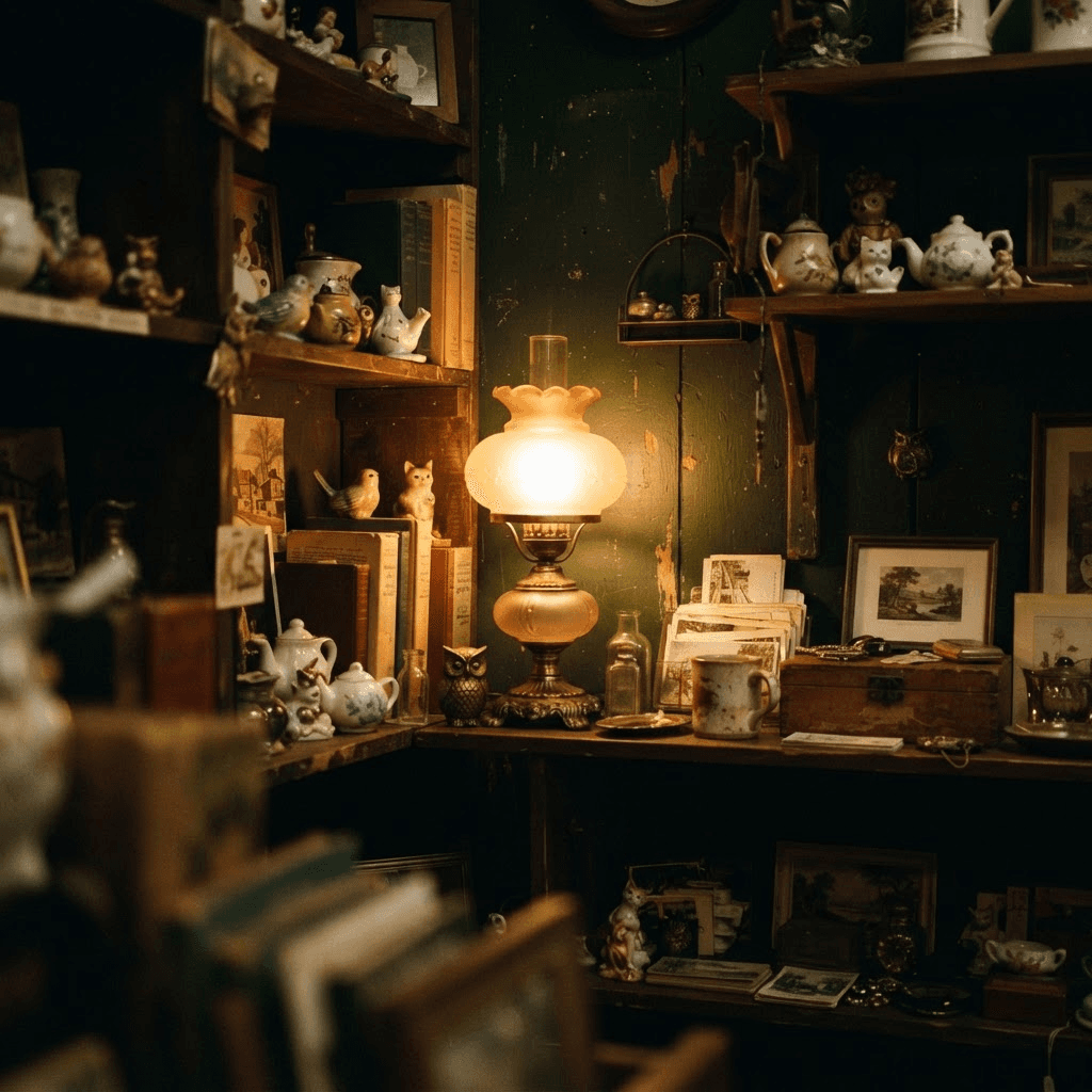 Warm thrift-store shelf with a glowing vintage lamp and small goods