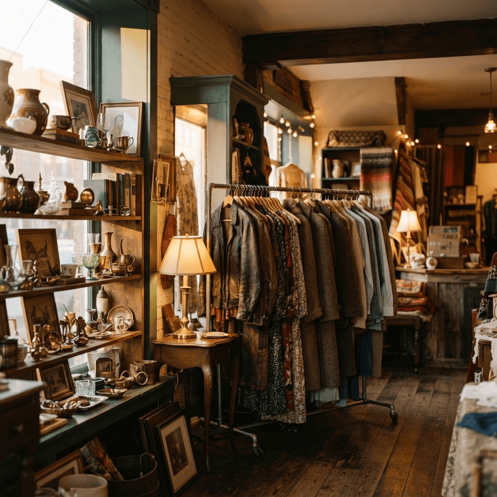 Warm, lamplit interior of Lost Then Found thrift shop with wooden shelves, hanging clothing, and dark green architectural details